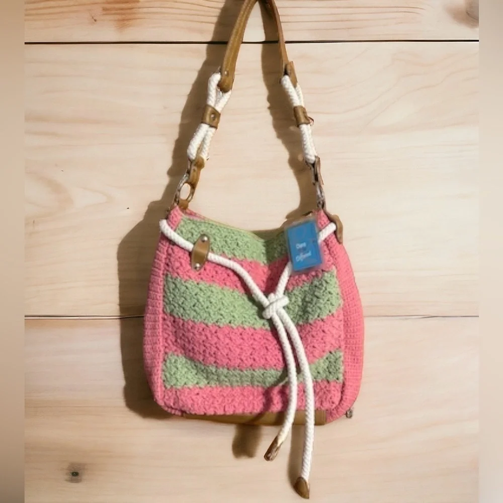 Frankie & Johnnie Pastel Pink Green Crochet Faux Leather Bucket Shoulder Bag